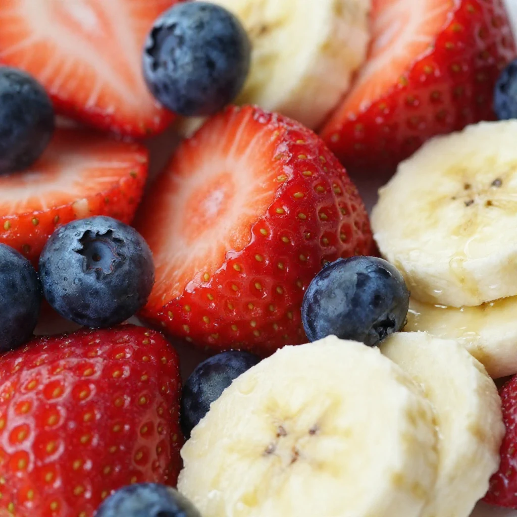 A vibrant red, white, and blue fruit salad in a clear bowl, featuring strawberries, blueberries, and banana slices, perfect for patriotic celebrations.