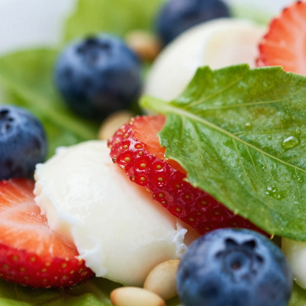 Close-up of a vibrant Berry Caprese Salad with fresh strawberries, blueberries, mozzarella balls, and basil leaves, drizzled with balsamic glaze.