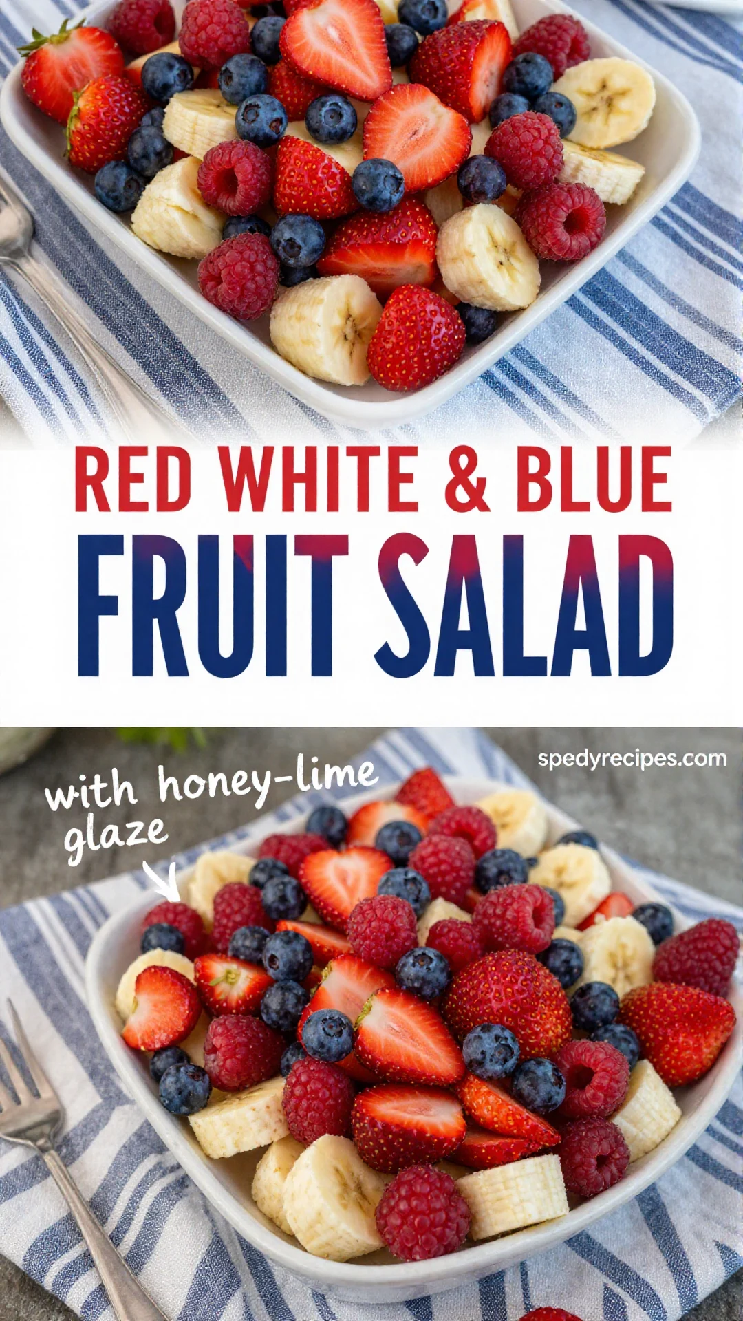 A vibrant red, white, and blue fruit salad in a clear bowl, featuring strawberries, blueberries, and banana slices, perfect for patriotic celebrations.