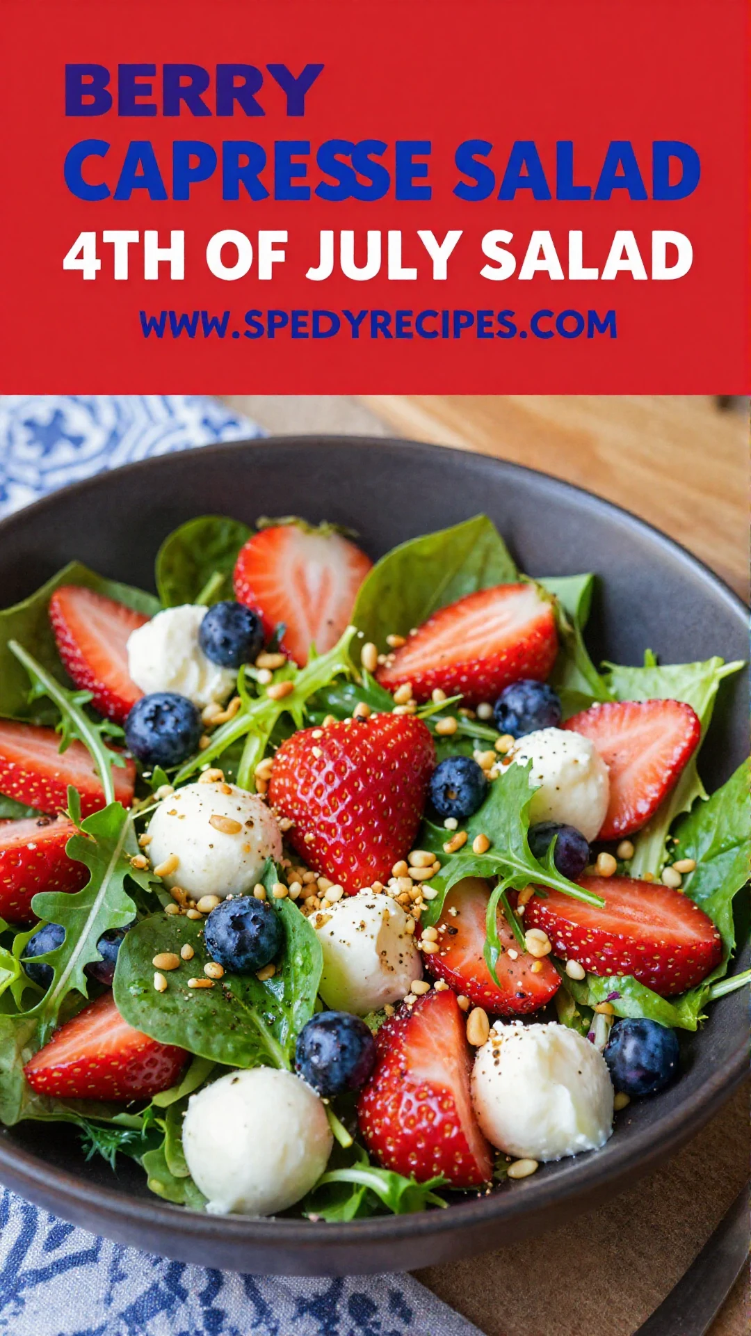 Close-up of a vibrant Berry Caprese Salad with fresh strawberries, blueberries, mozzarella balls, and basil leaves, drizzled with balsamic glaze.