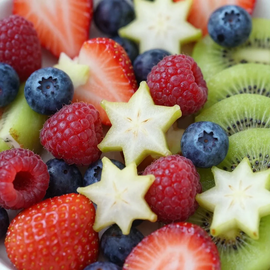 A vibrant fruit salad in a clear bowl, featuring layers of red strawberries, white banana slices, and blue blueberries, arranged to resemble the American flag.