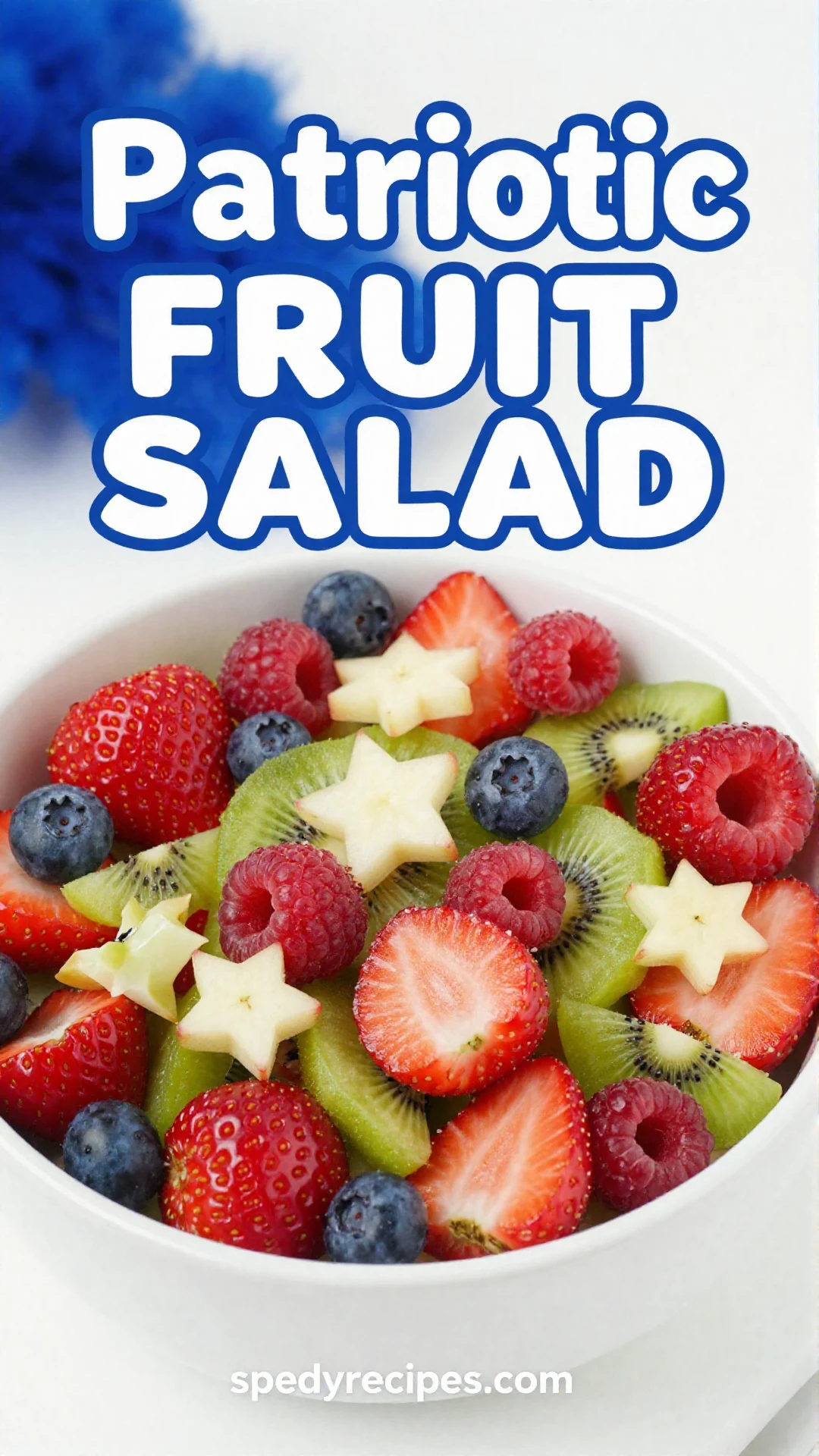 A vibrant fruit salad in a clear bowl, featuring layers of red strawberries, white banana slices, and blue blueberries, arranged to resemble the American flag.