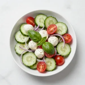 Close-up of a vibrant cucumber Caprese salad with cherry tomatoes, fresh mozzarella balls, and basil leaves, drizzled with balsamic glaze.