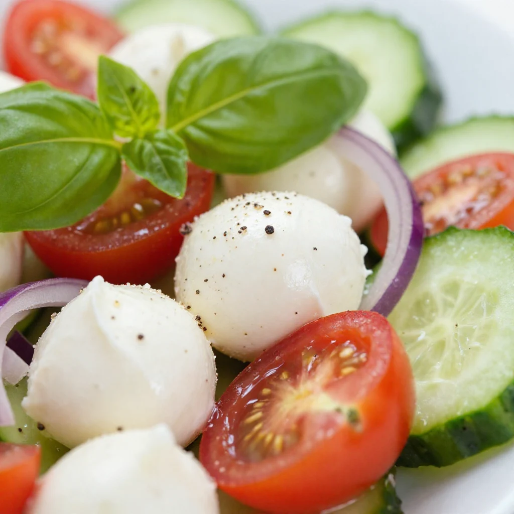 Close-up of a vibrant cucumber Caprese salad with cherry tomatoes, fresh mozzarella balls, and basil leaves, drizzled with balsamic glaze.