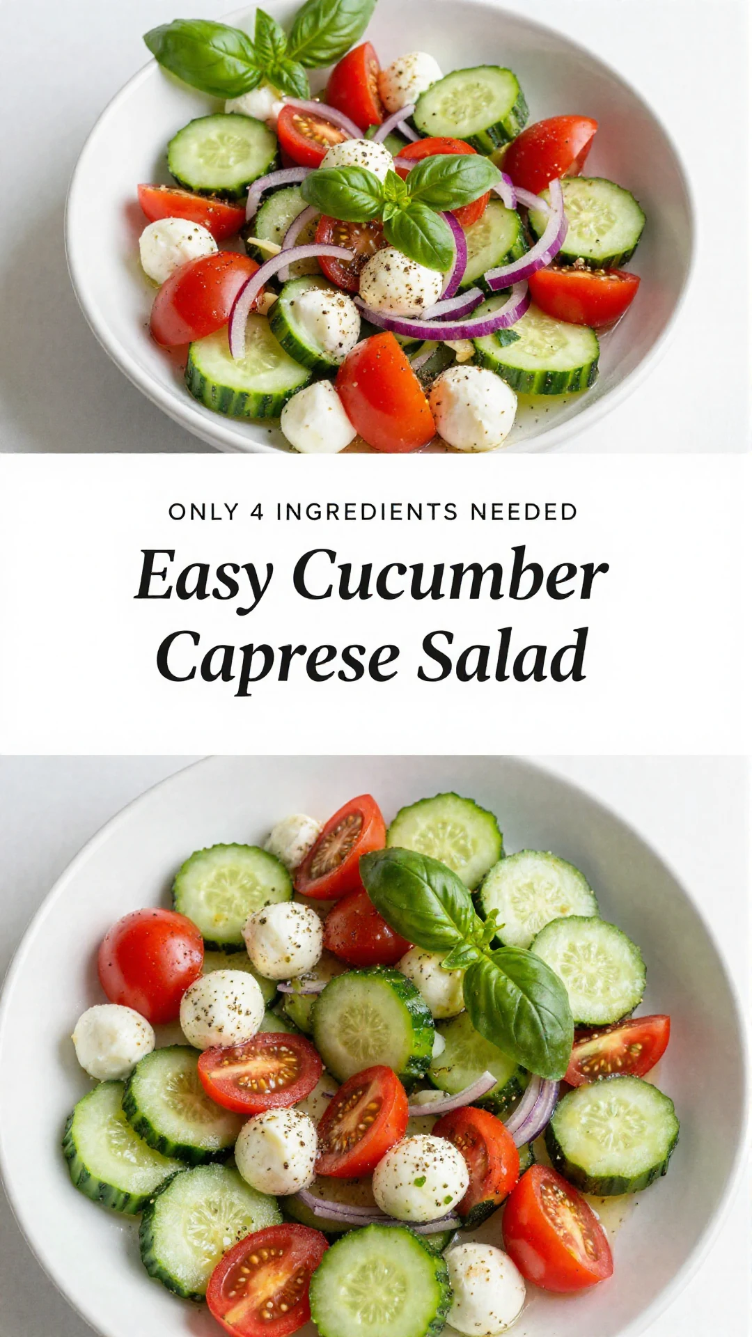Close-up of a vibrant cucumber Caprese salad with cherry tomatoes, fresh mozzarella balls, and basil leaves, drizzled with balsamic glaze.