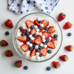 A vibrant red, white, and blue cheesecake salad in a clear glass bowl, featuring strawberries, blueberries, and creamy white cheesecake filling.