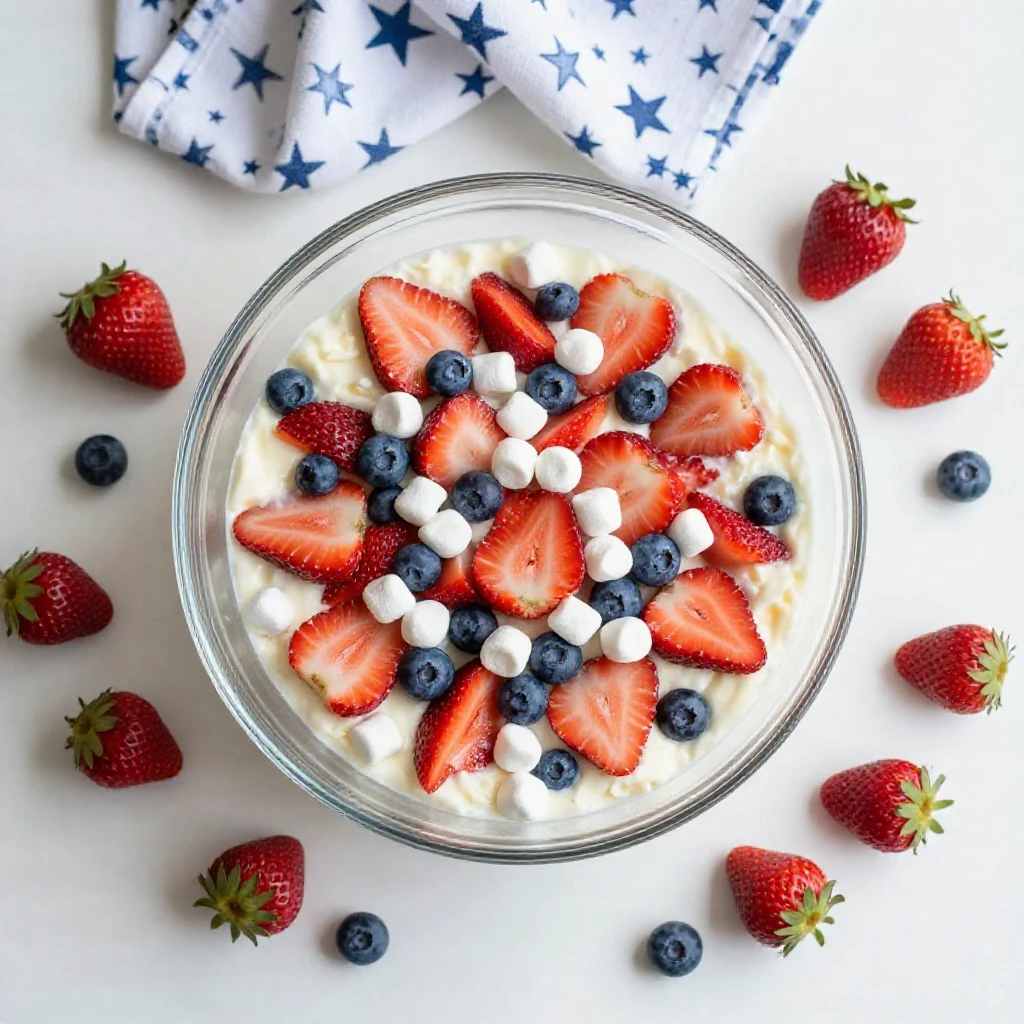 A vibrant red, white, and blue cheesecake salad in a clear glass bowl, featuring strawberries, blueberries, and creamy white cheesecake filling.