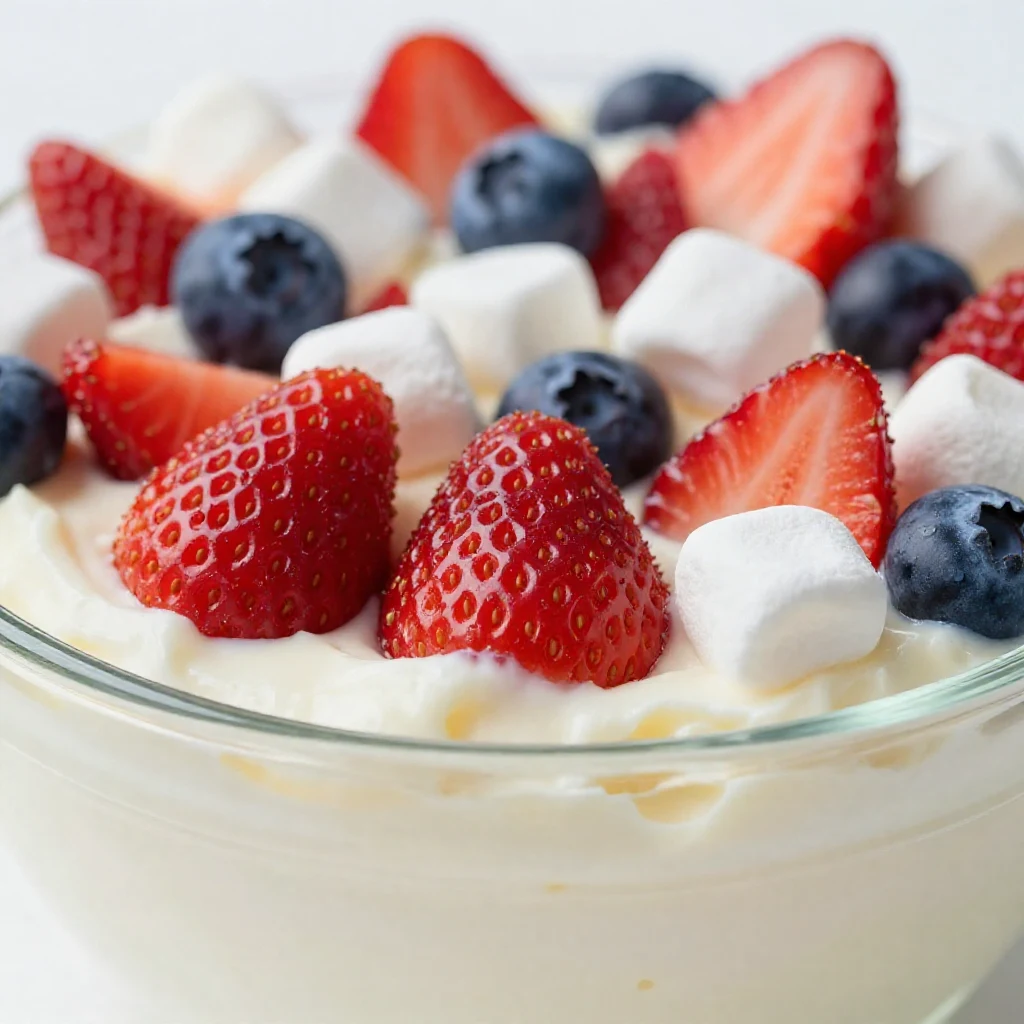 A vibrant red, white, and blue cheesecake salad in a clear glass bowl, featuring strawberries, blueberries, and creamy white cheesecake filling.