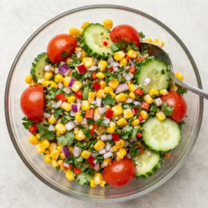 A vibrant bowl of fresh corn salad with cherry tomatoes, red onion, bell peppers, and cilantro, dressed with lime vinaigrette.