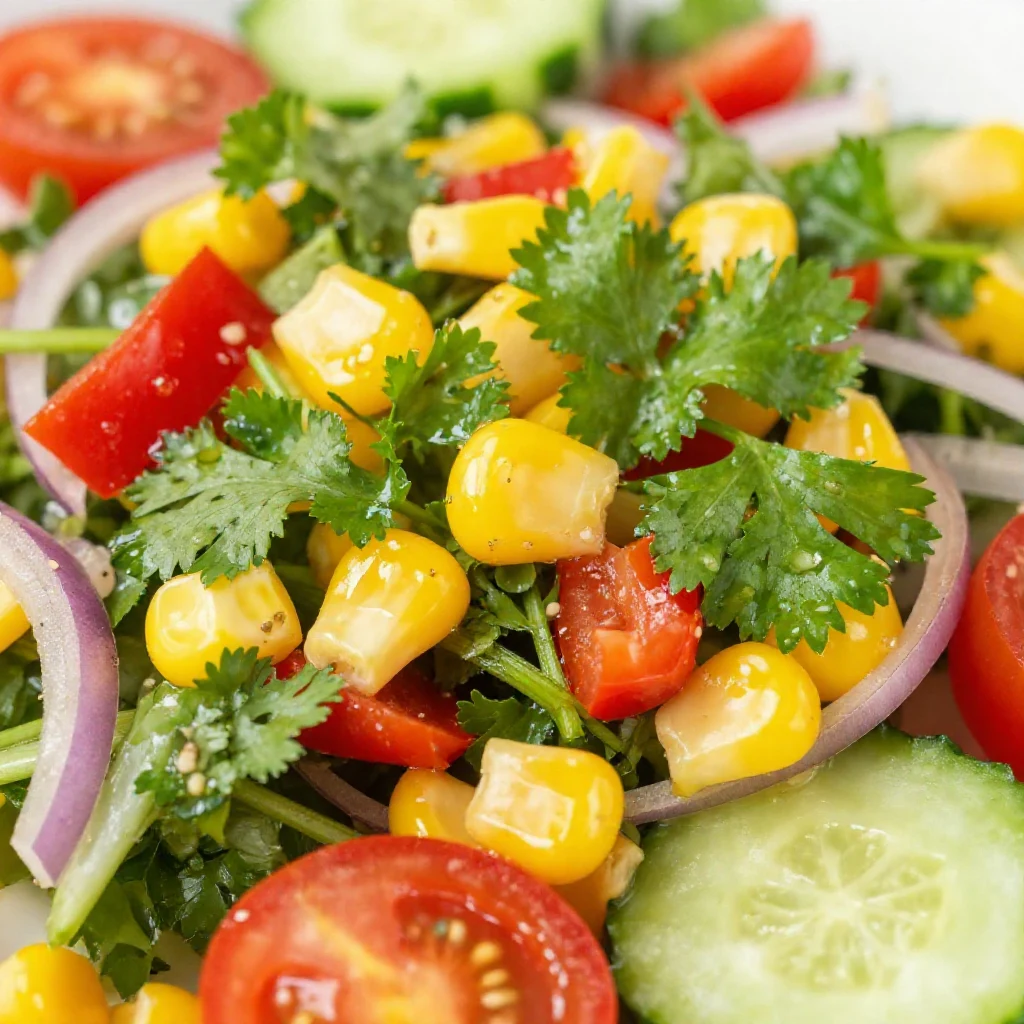 A vibrant bowl of fresh corn salad with cherry tomatoes, red onion, bell peppers, and cilantro, dressed with lime vinaigrette.