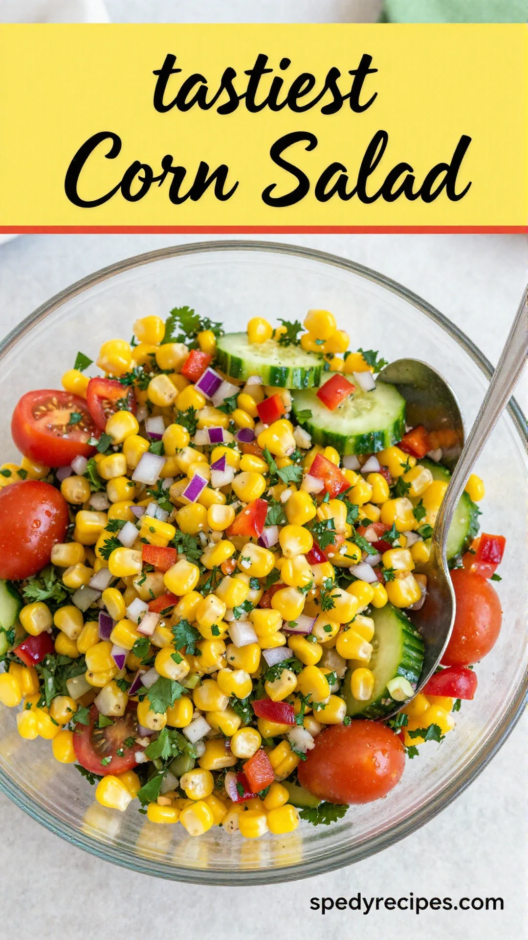 A vibrant bowl of fresh corn salad with cherry tomatoes, red onion, bell peppers, and cilantro, dressed with lime vinaigrette.