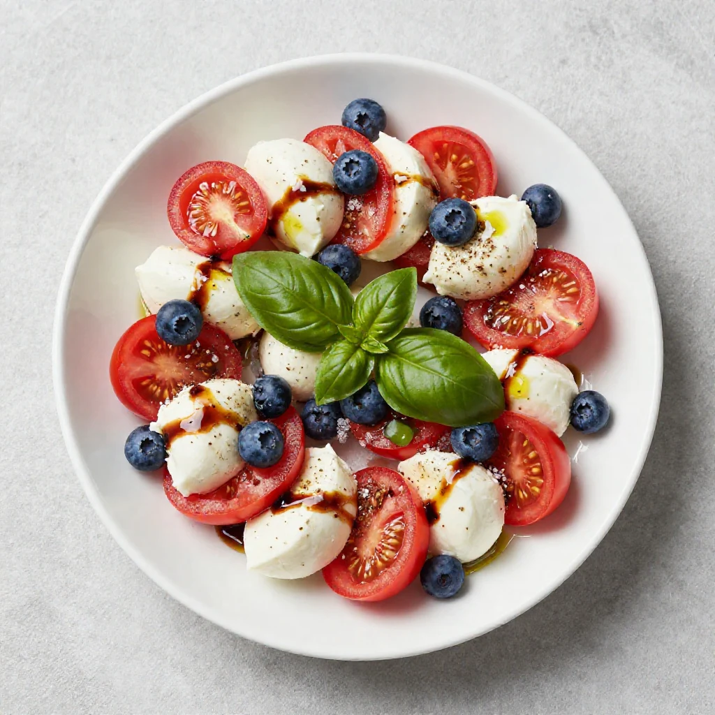 A vibrant red, white, and blue Caprese salad with cherry tomatoes, fresh mozzarella pearls, and blueberries, garnished with basil leaves, on a white platter.