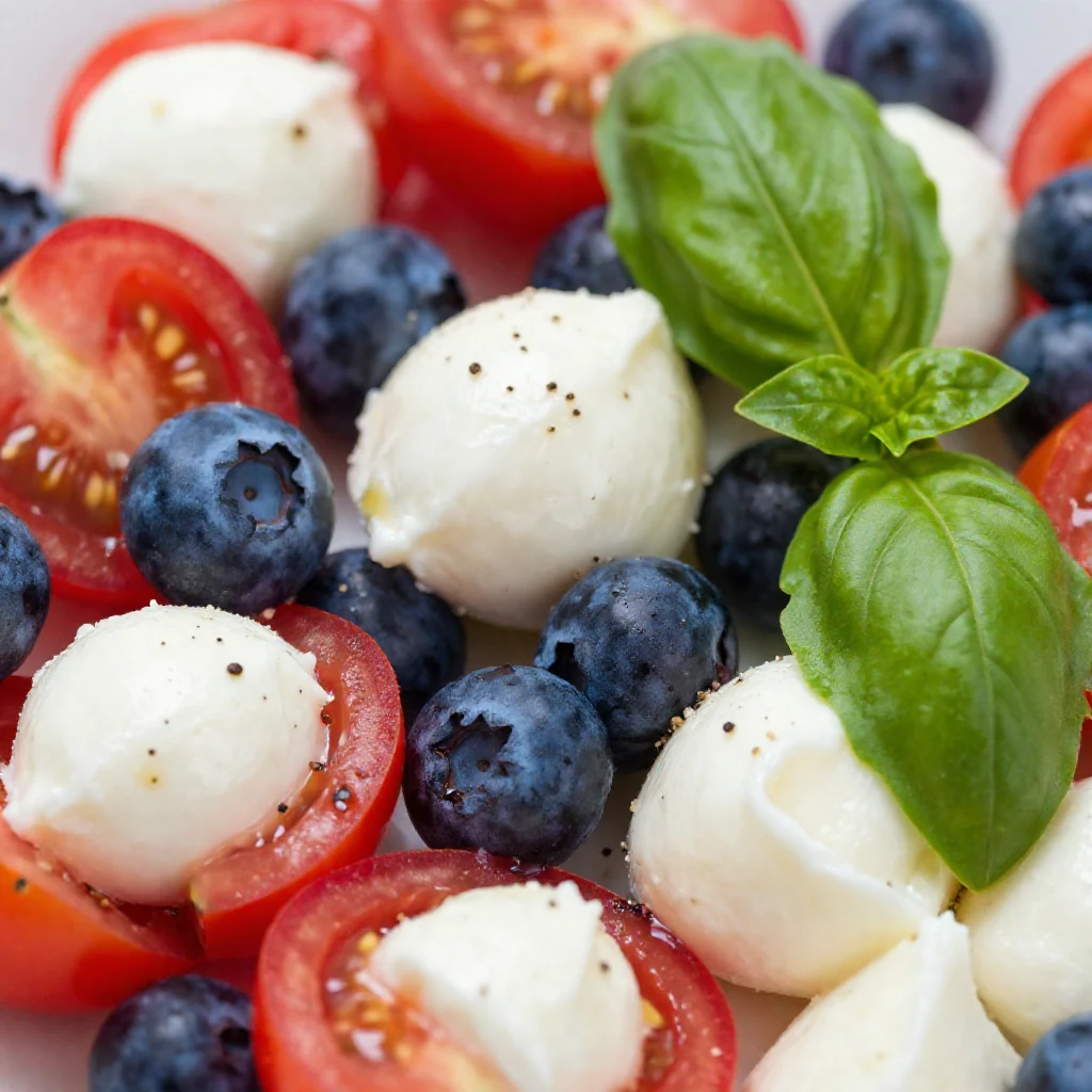A vibrant red, white, and blue Caprese salad with cherry tomatoes, fresh mozzarella pearls, and blueberries, garnished with basil leaves, on a white platter.