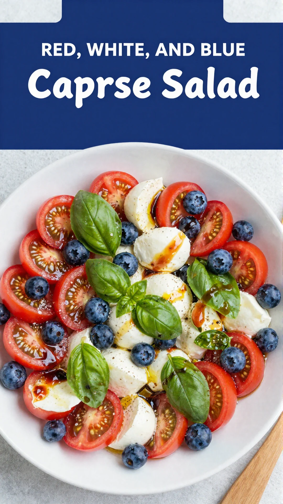 A vibrant red, white, and blue Caprese salad with cherry tomatoes, fresh mozzarella pearls, and blueberries, garnished with basil leaves, on a white platter.