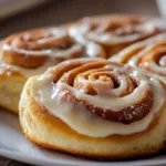 Freshly baked quick and easy cinnamon rolls topped with icing.
