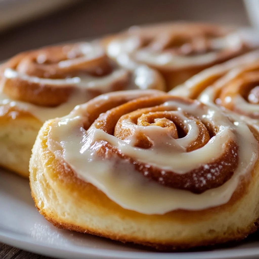 Freshly baked quick and easy cinnamon rolls topped with icing.