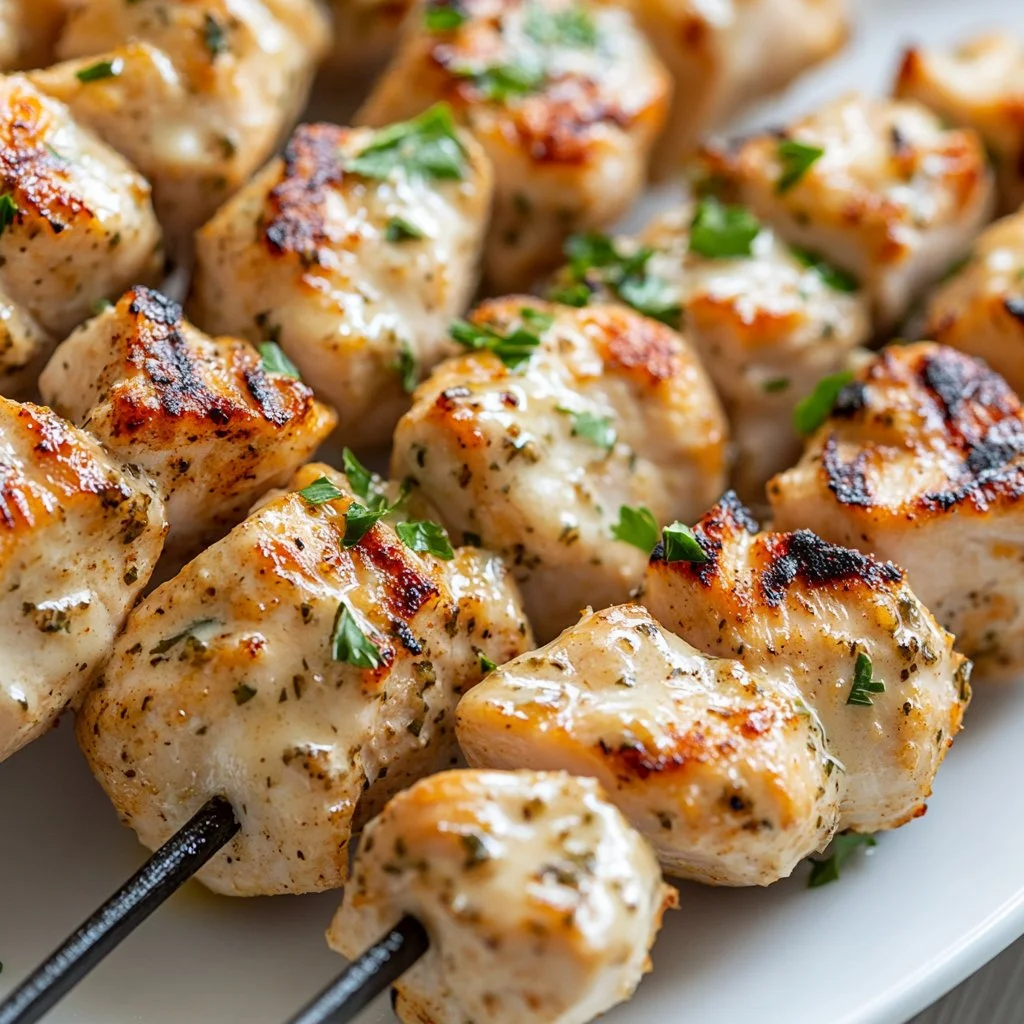 Ranch garlic parmesan chicken skewers on a grill garnished with herbs.