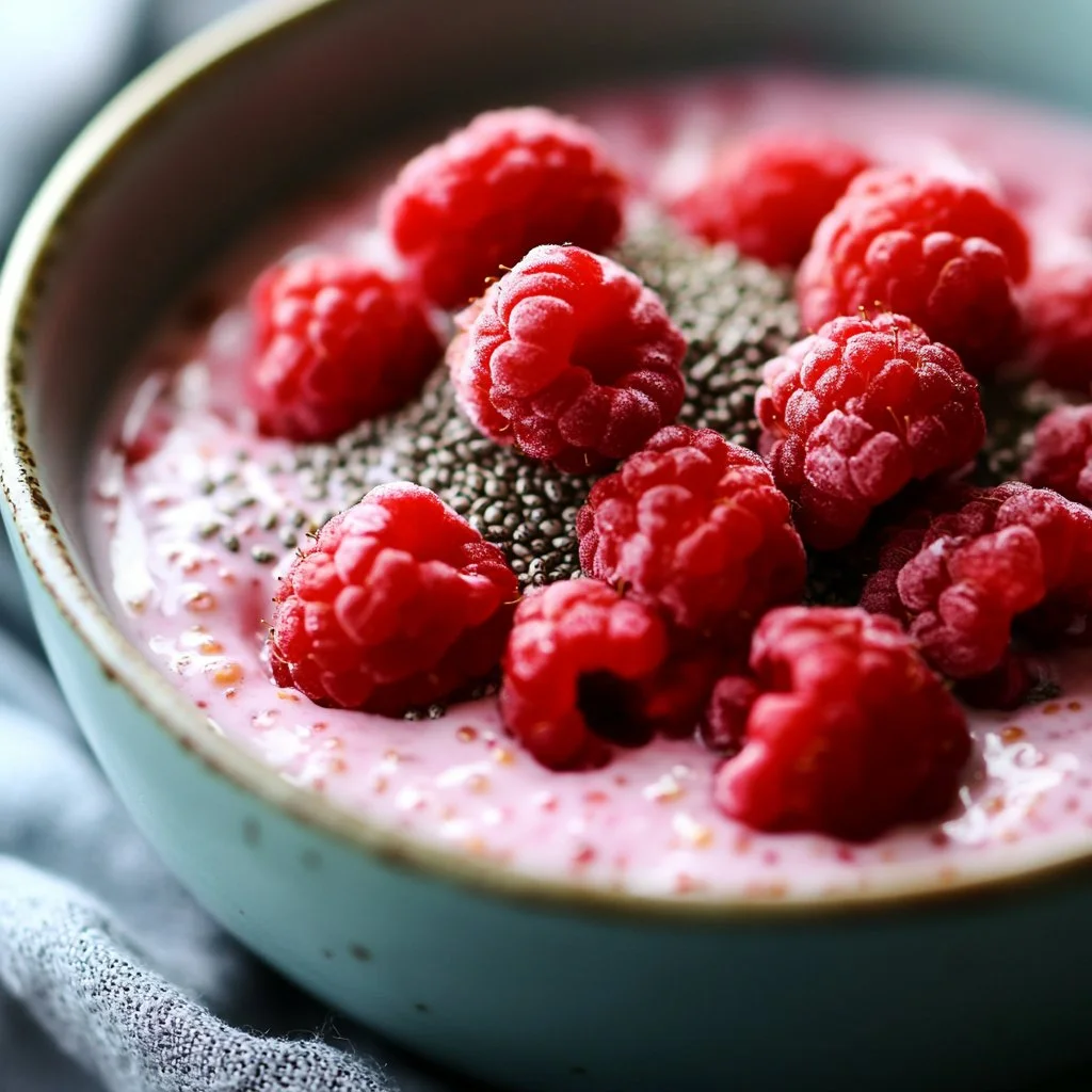 Delicious raspberry chia pudding topped with fresh berries and nuts
