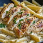 Creamy Southwest Chicken Alfredo served with pasta and fresh toppings