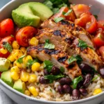 Delicious Southwest Chicken Bowl topped with fresh ingredients and spices