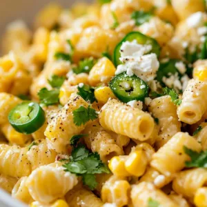 Delicious street corn pasta salad served in a bowl, garnished with fresh herbs.