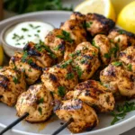 Grilled Turkish chicken skewers served with fresh vegetables and spices