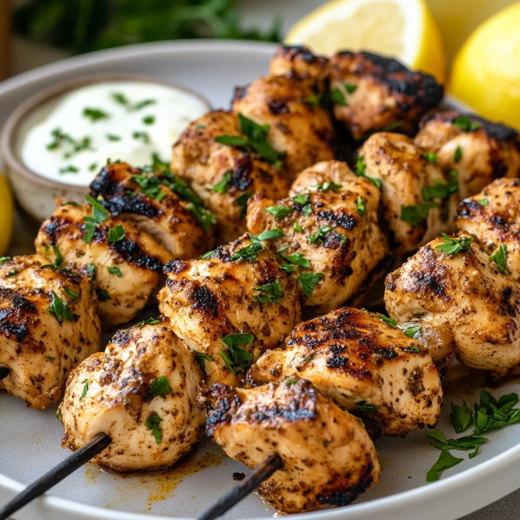 Grilled Turkish chicken skewers served with fresh vegetables and spices