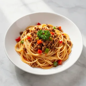 A plate of dirty spaghetti topped with Cajun spices and herbs