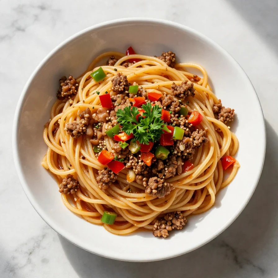 A plate of dirty spaghetti topped with Cajun spices and herbs