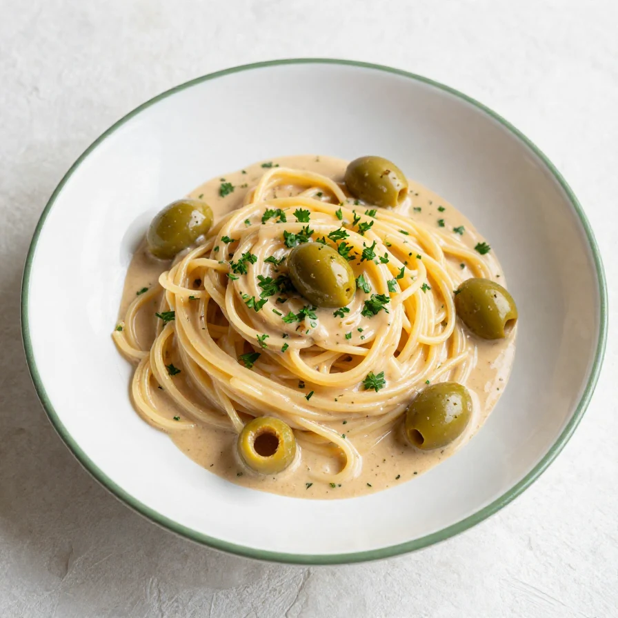 A plate of creamy dirty martini pasta garnished with olives and parsley
