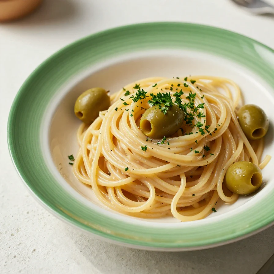 A plate of creamy dirty martini pasta garnished with olives and parsley