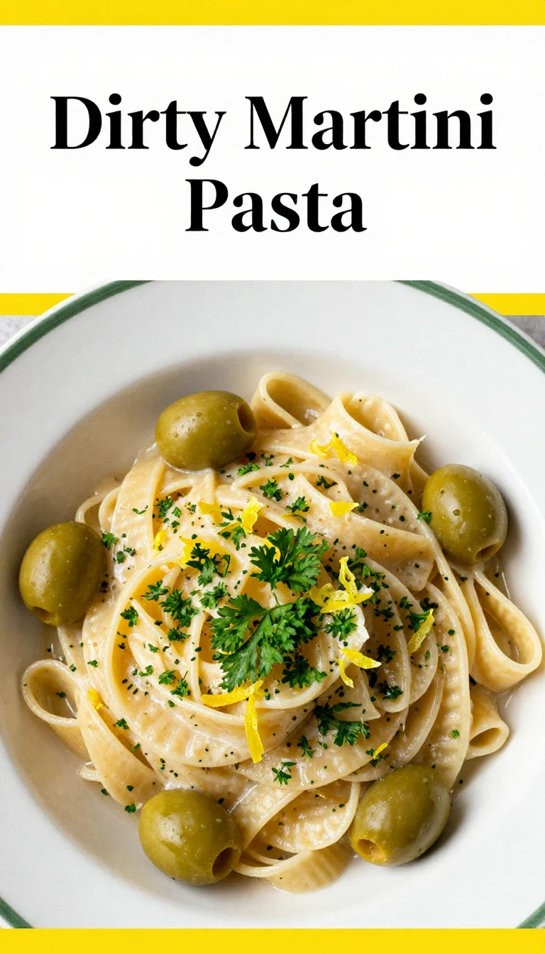 A plate of creamy dirty martini pasta garnished with olives and parsley