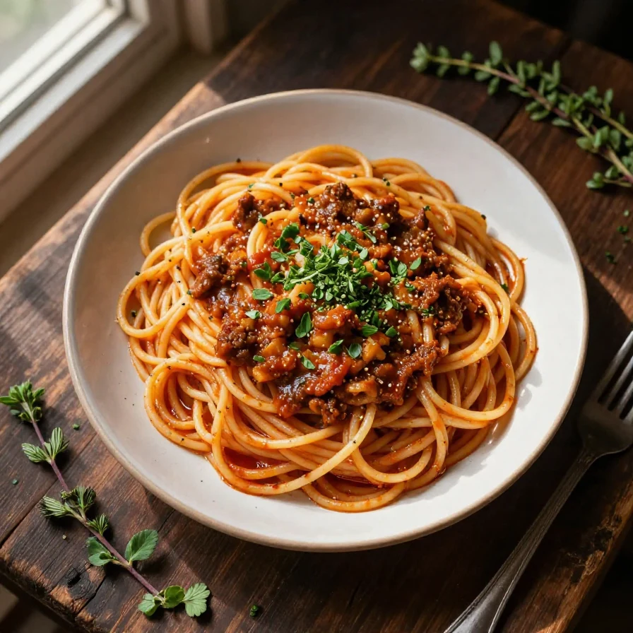 A plate of Southern spaghetti topped with fresh herbs and grated cheese