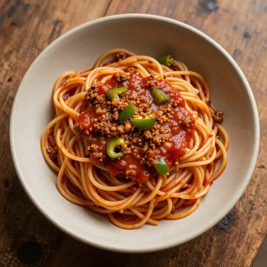 A plate of Southern spaghetti topped with fresh herbs and grated cheese