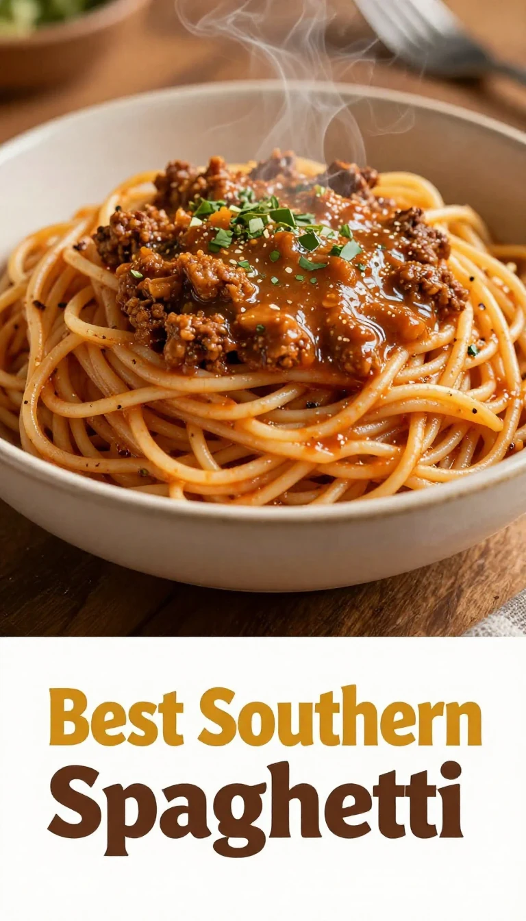 A plate of Southern spaghetti topped with fresh herbs and grated cheese
