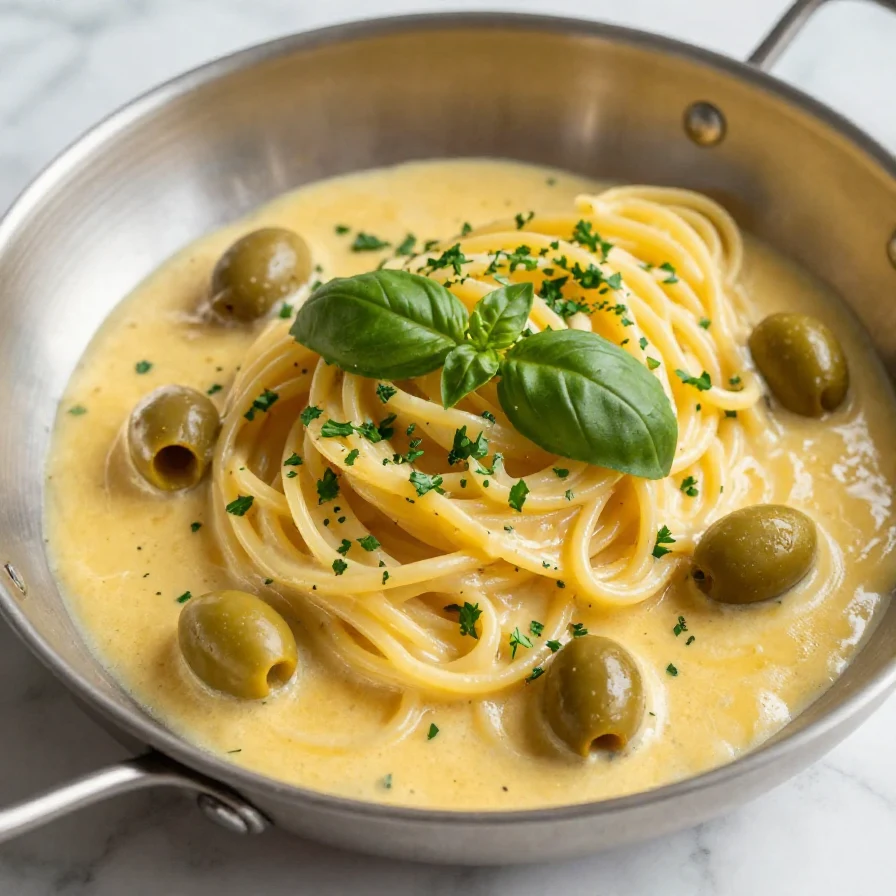 A plate of creamy Dirty Martini Pasta garnished with olives and parsley