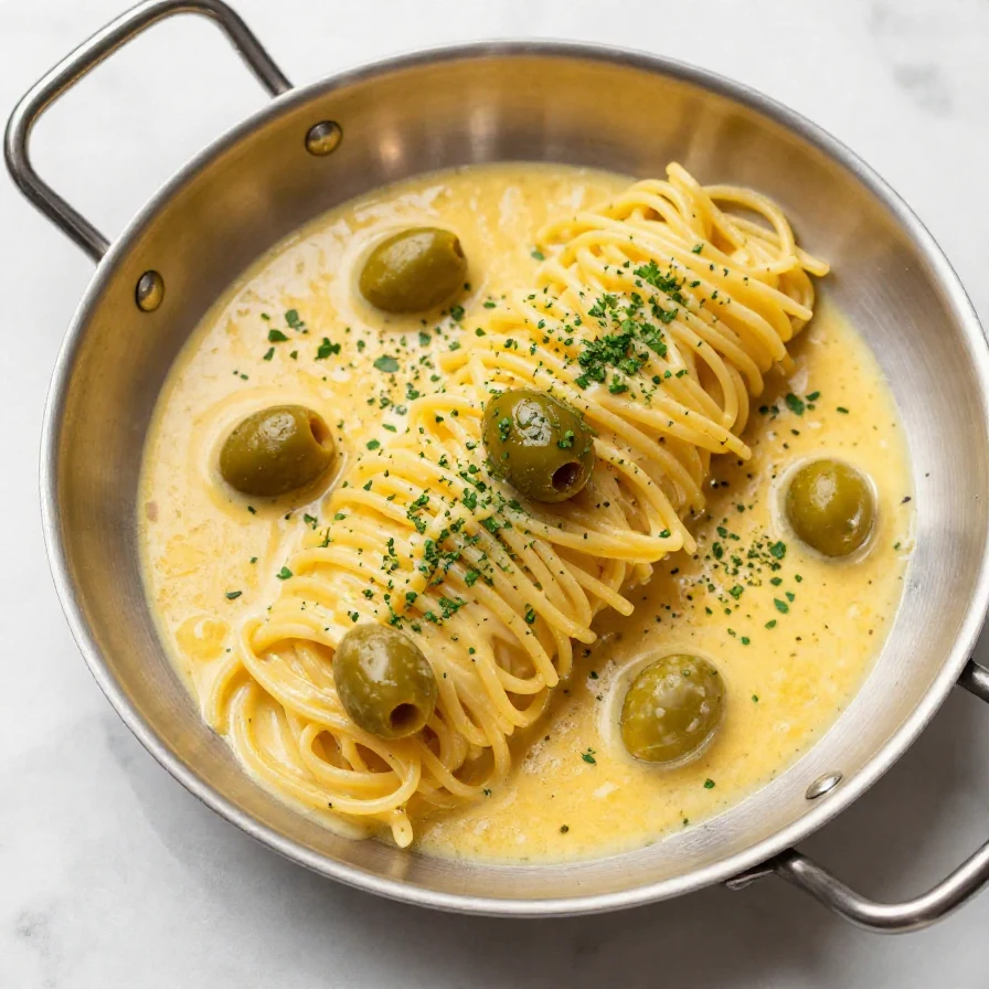 A plate of creamy Dirty Martini Pasta garnished with olives and parsley