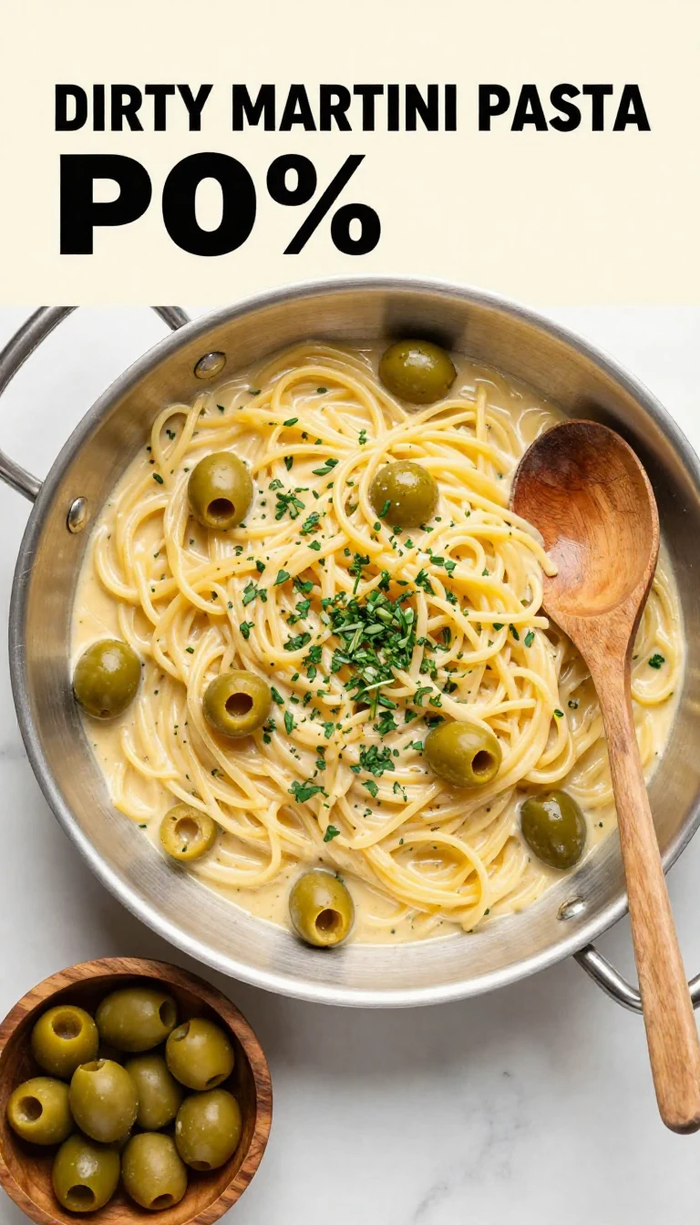A plate of creamy Dirty Martini Pasta garnished with olives and parsley