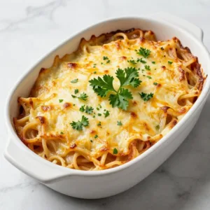 A delicious plate of million dollar spaghetti topped with cheese and herbs