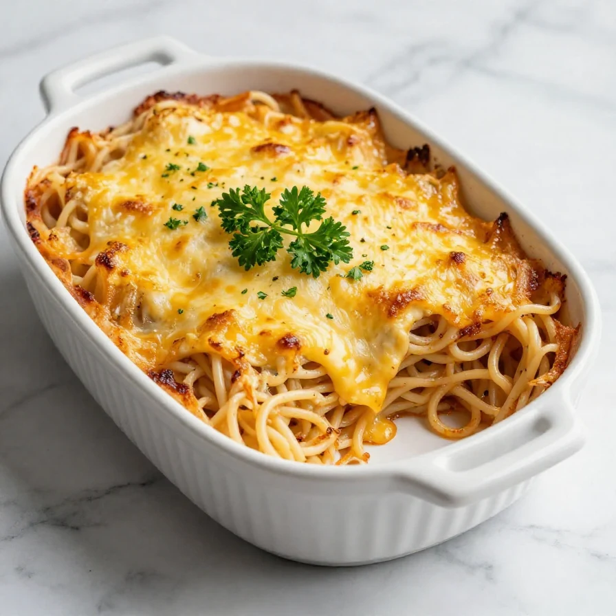 A delicious plate of million dollar spaghetti topped with cheese and herbs