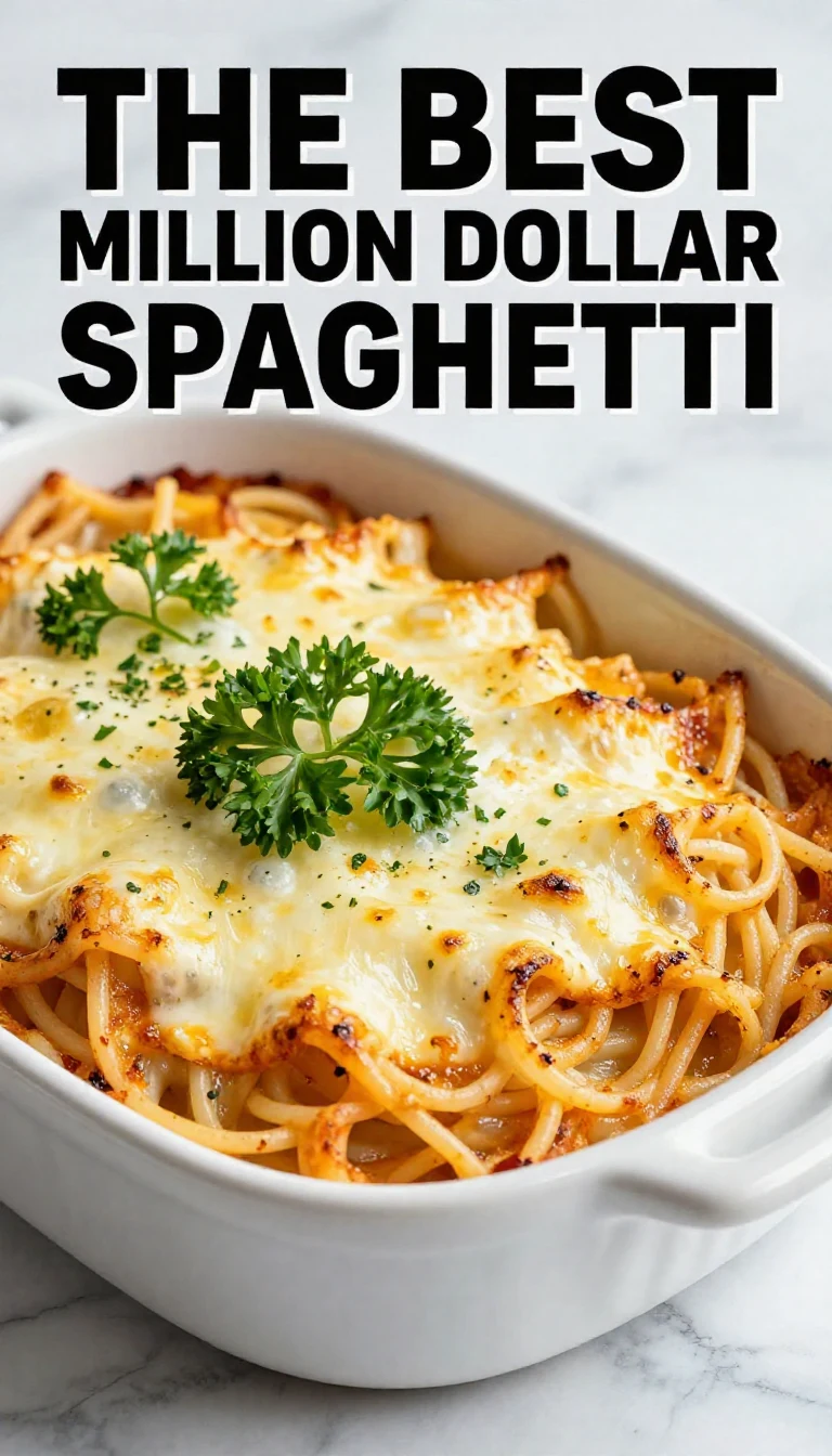 A delicious plate of million dollar spaghetti topped with cheese and herbs