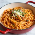A delicious one pot spaghetti dish with fresh basil and grated parmesan cheese