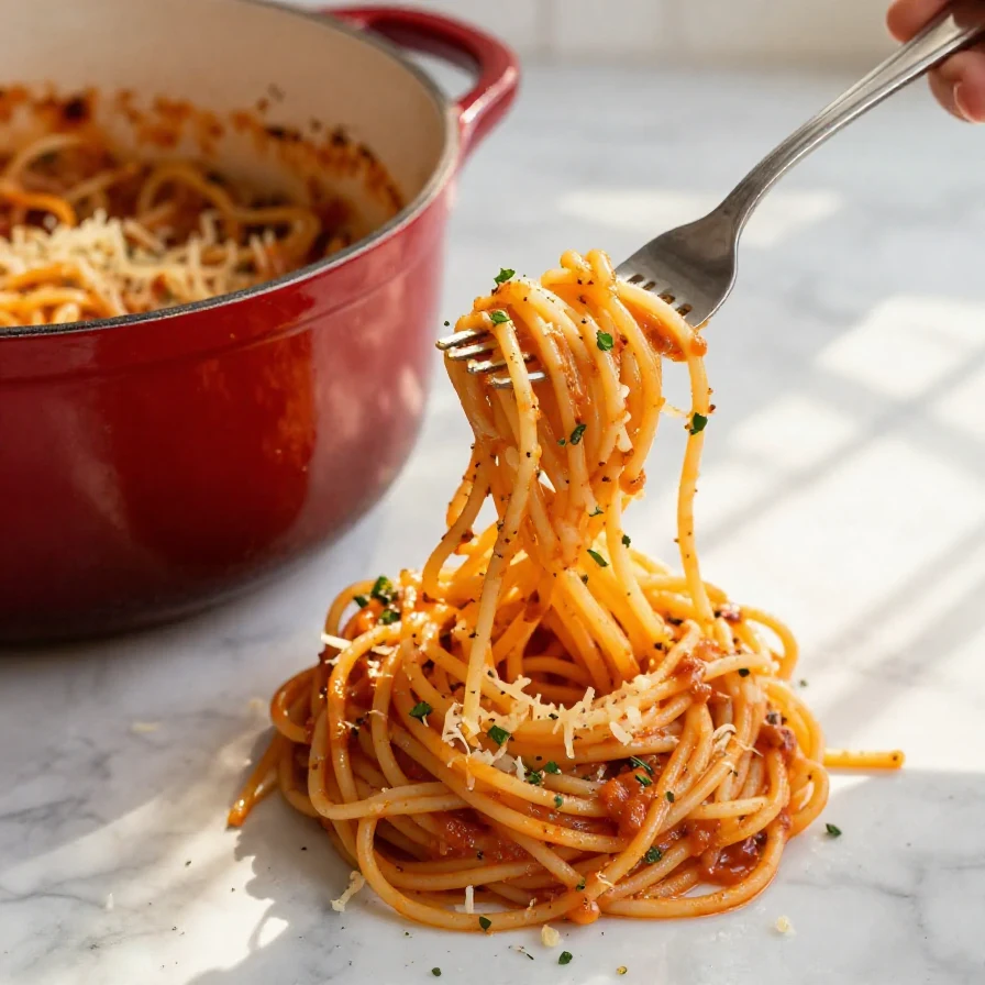 A delicious one pot spaghetti dish with fresh basil and grated parmesan cheese