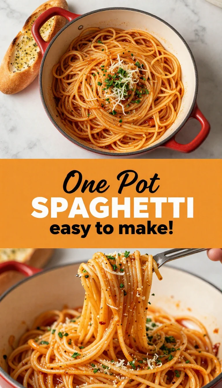 A delicious one pot spaghetti dish with fresh basil and grated parmesan cheese