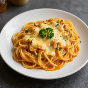 A plate of easy dirty spaghetti topped with fresh herbs and grated cheese