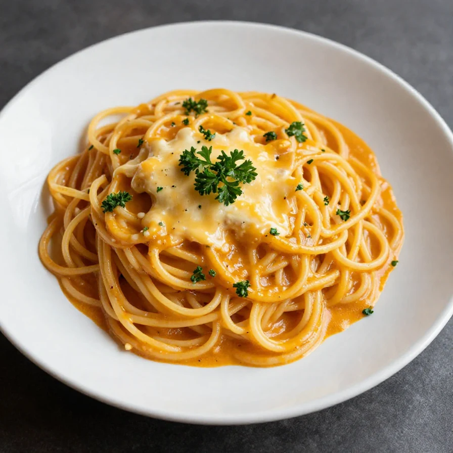 A plate of easy dirty spaghetti topped with fresh herbs and grated cheese