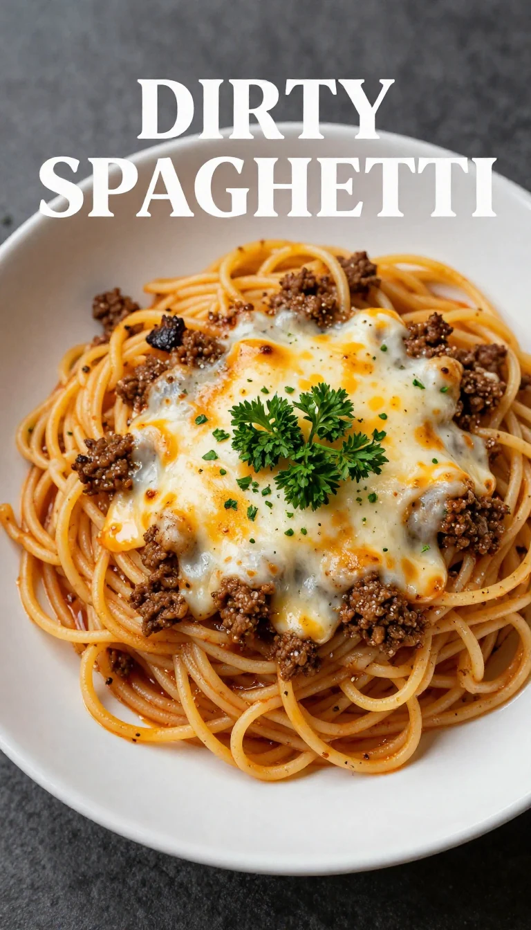 A plate of easy dirty spaghetti topped with fresh herbs and grated cheese