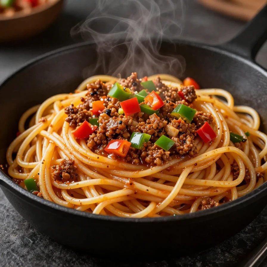 A plate of dirty spaghetti with sauce and herbs