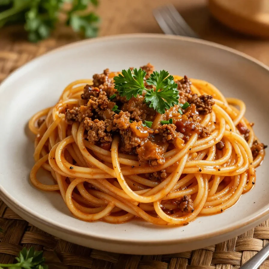 A plate of viral dirty spaghetti garnished with fresh herbs and grated cheese