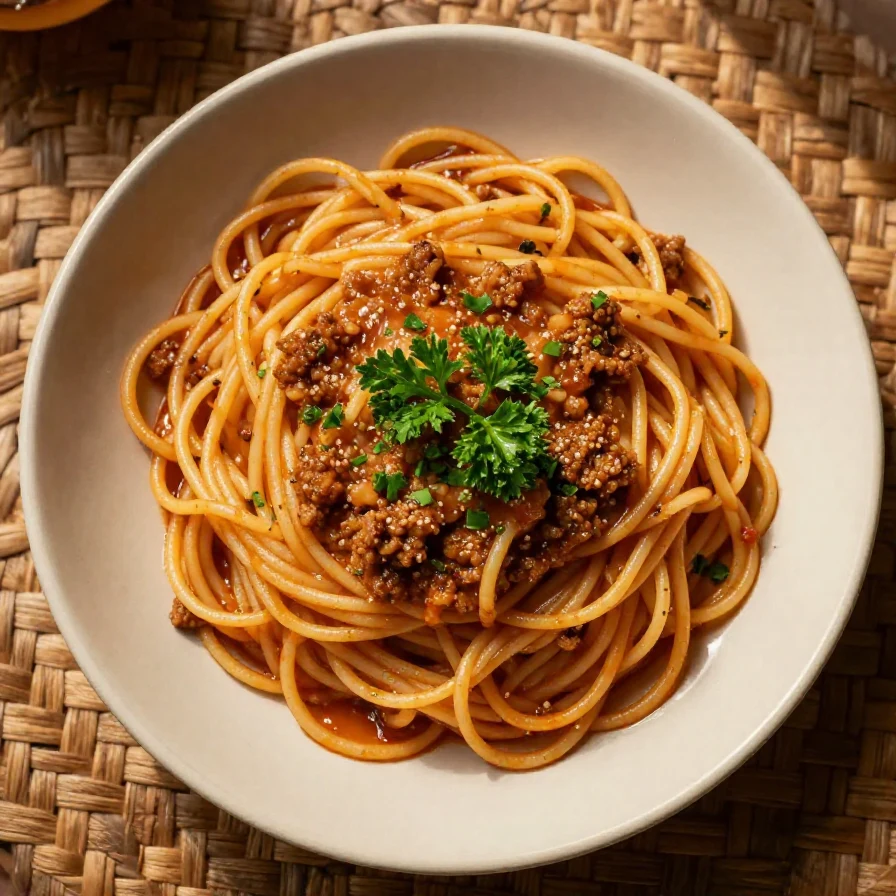 A plate of viral dirty spaghetti garnished with fresh herbs and grated cheese
